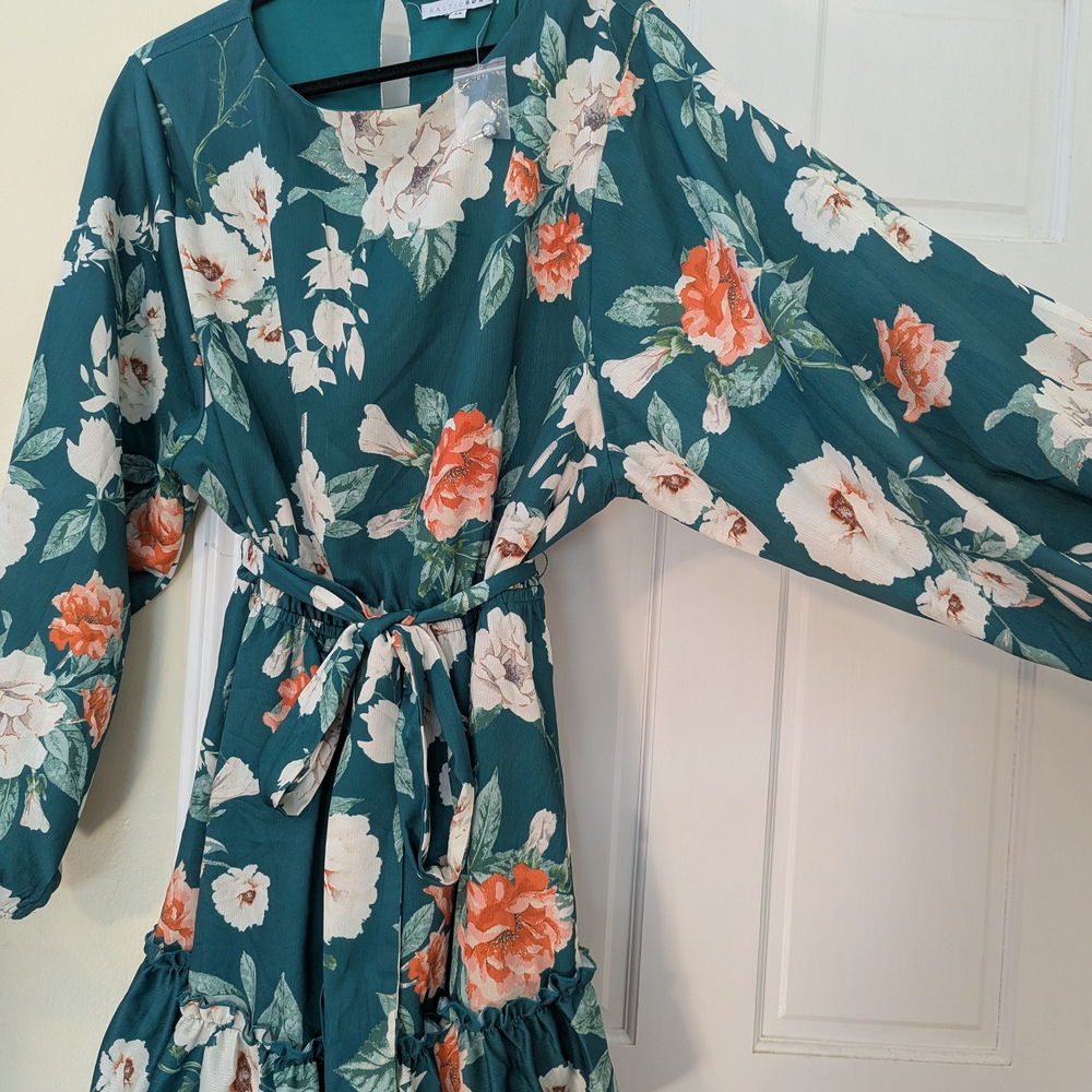 Baltic Born Teal Floral Dress with Cream and Coral Flowers